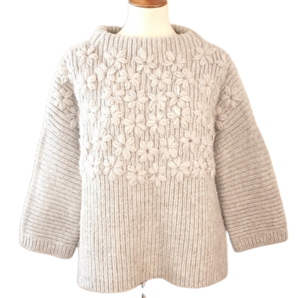 SUNDANCE Embroidered Beaded Wool Blend Funnel Neck Chunky Sweater L